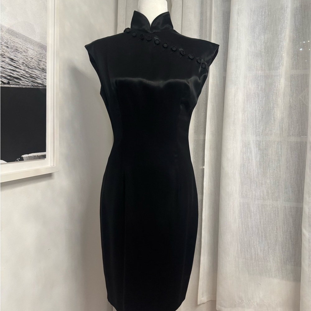 Rare Vintage OMO Norma Kamali Gorgeous Chic Sleek Black Satin Asian Style Dress